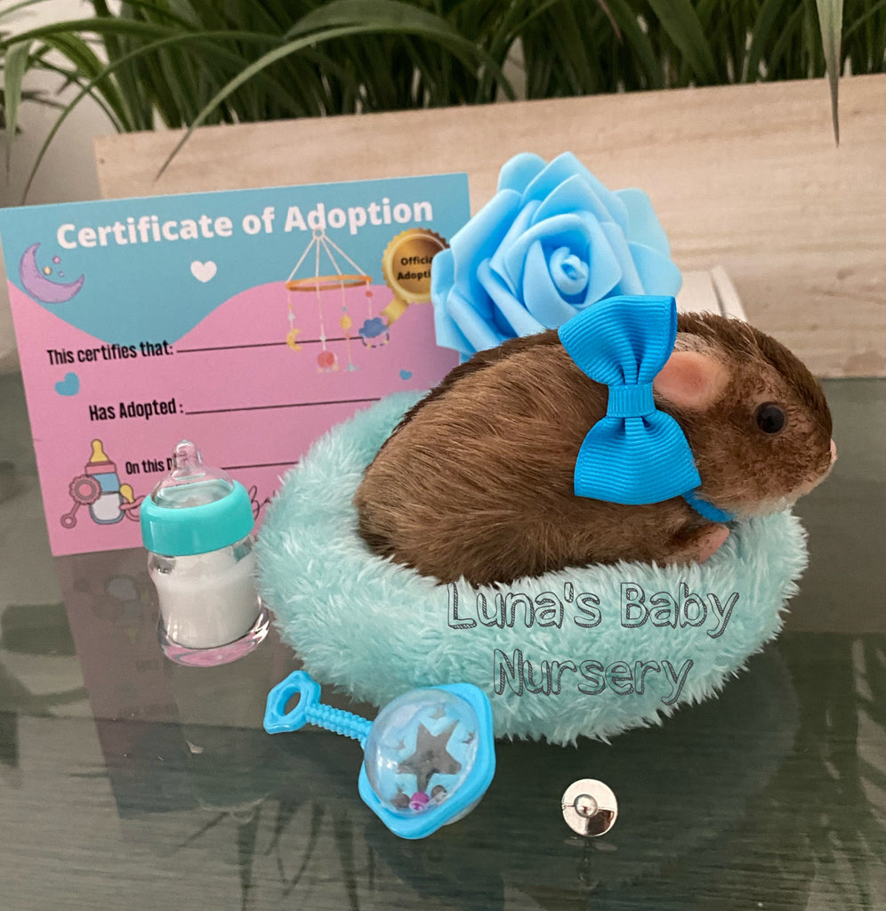 Teacup Silicone Hamster Adoption Gift Set, Coco Brown Lined Hair Reborn Hamster